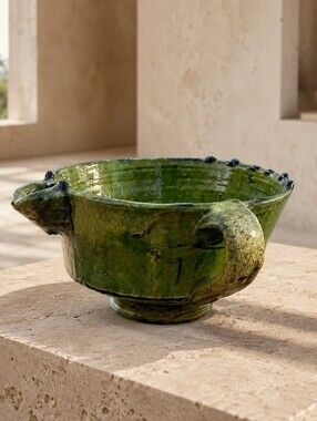 Vintage Green Studio Pottery Footed Bowl Sculptural Olive Glaze 6"